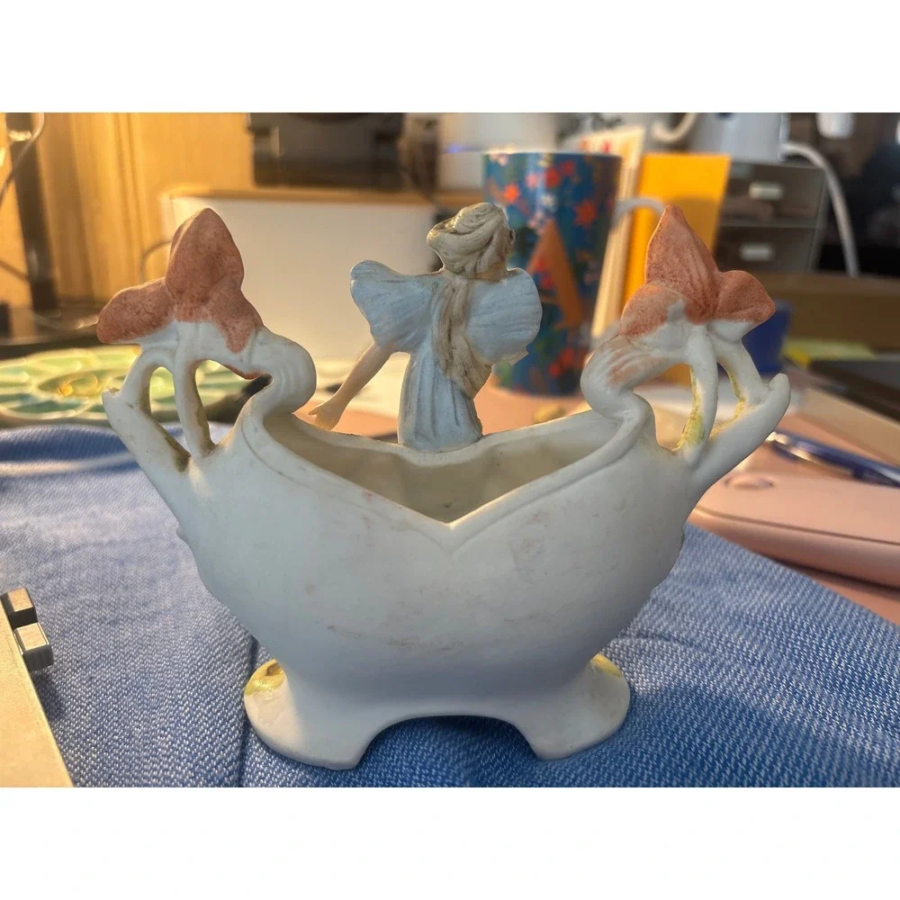 Antique Art Nouveau Fairy Iris Porcelain Planter Figurine Cachepot Blue Orange